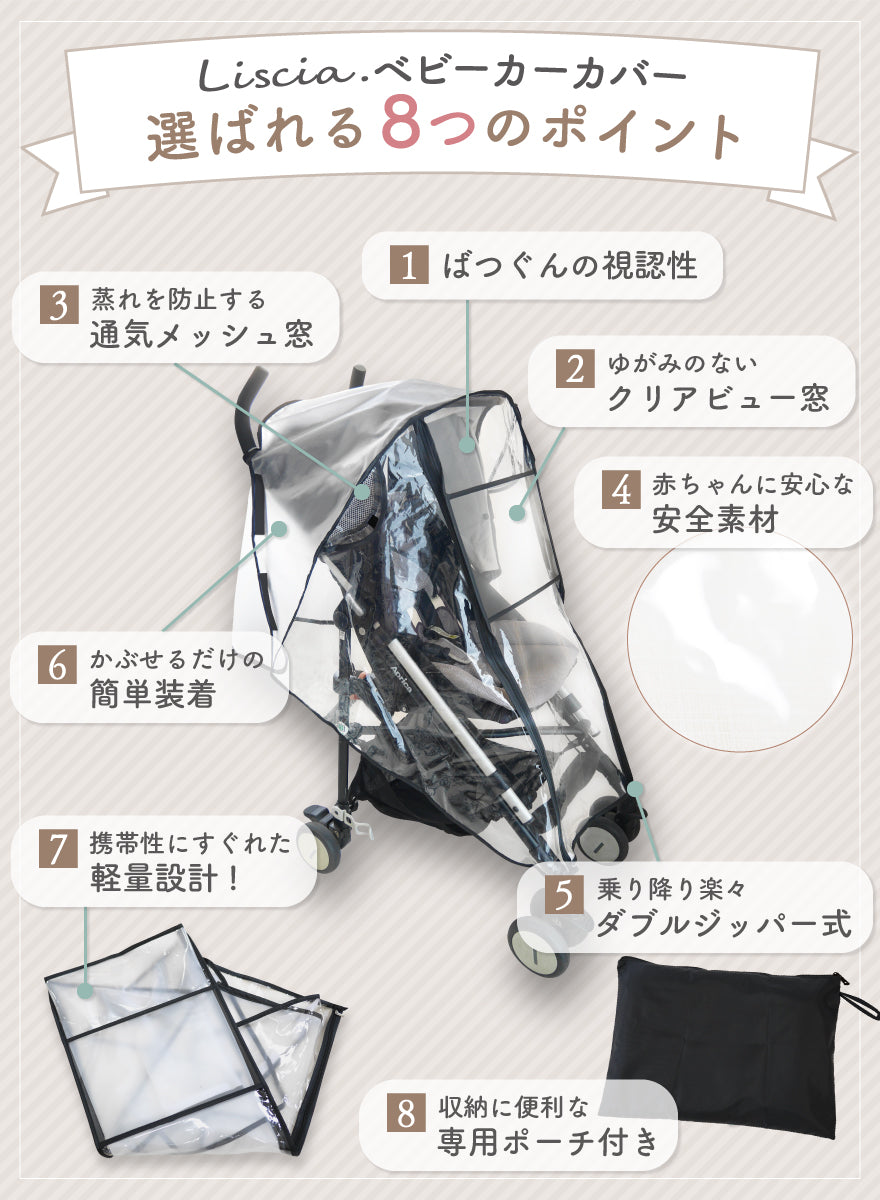 Liscia.ベビーカーカバー選ばれる8つののポイント ①ばつぐんの視認性 ②ゆがみのないクリアビュー窓 ③群れを防止する通気メッシュ窓 ④赤ちゃんに安心な安全素材 ⑤乗り降り楽々 ダブルジッパー式 ⑥かぶせるだけの簡単装着 ⑦携帯性にすぐれた軽量設計 ⑧収納に便利な専用ポーチ付き