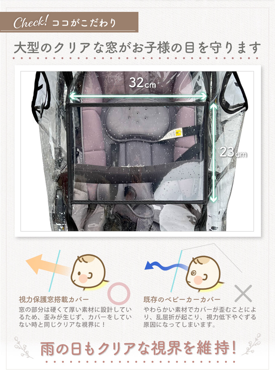 ココがこだわり!大型のクリアな窓がお子様の目を守ります 雨の日もクリアな視界を維持!