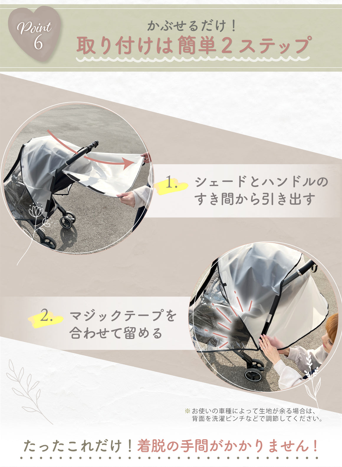 POINT06:かぶせるだけ!取り付けは簡単2ステップ 1.シェードとハンドルのすき間を通す。2.マジックテープを留める たったこれだけ!着脱の手間がかかりません。
