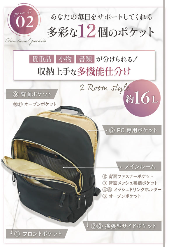 POINT02:あなたの毎日をサポートしてくれる多彩な12個のポケット 貴重品・小物・書類が分けられる!収納上手な多機能仕分け ⑨背面ポケット⑩⑪オープンポケット⑫PC専用ポケット メインルーム②背面ファスナーポケット③背面メッシュ書類ポケット④⑤メッシュドリンクホルダー⑥オープンポケット⑦⑧拡張型サイドポケット①フロントポケット